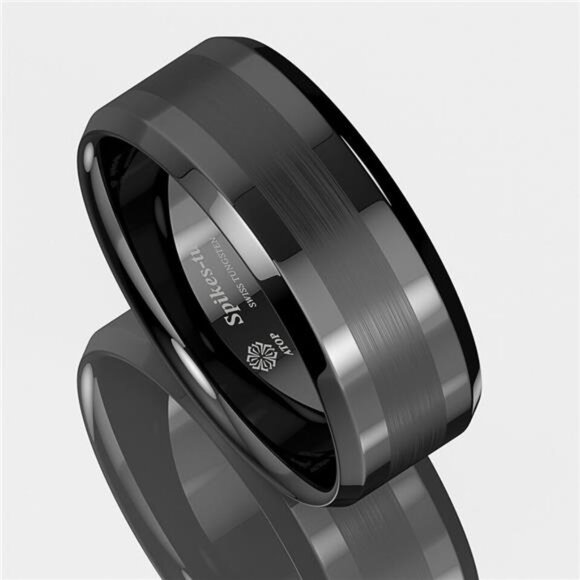 Men's Wedding Band - Black Brushed Center Ring for Men - Wedding Rings - Picture 4 of 6